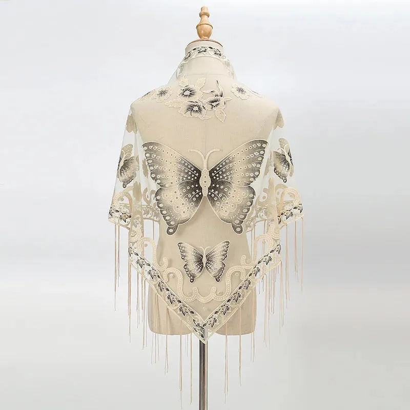 Sexy Hollow Tassel Triangular Lace Scarf Butterfly Printed Wedding Cloak Cape Women Summer Long Sun Beach Towel Sunscreen Shawl