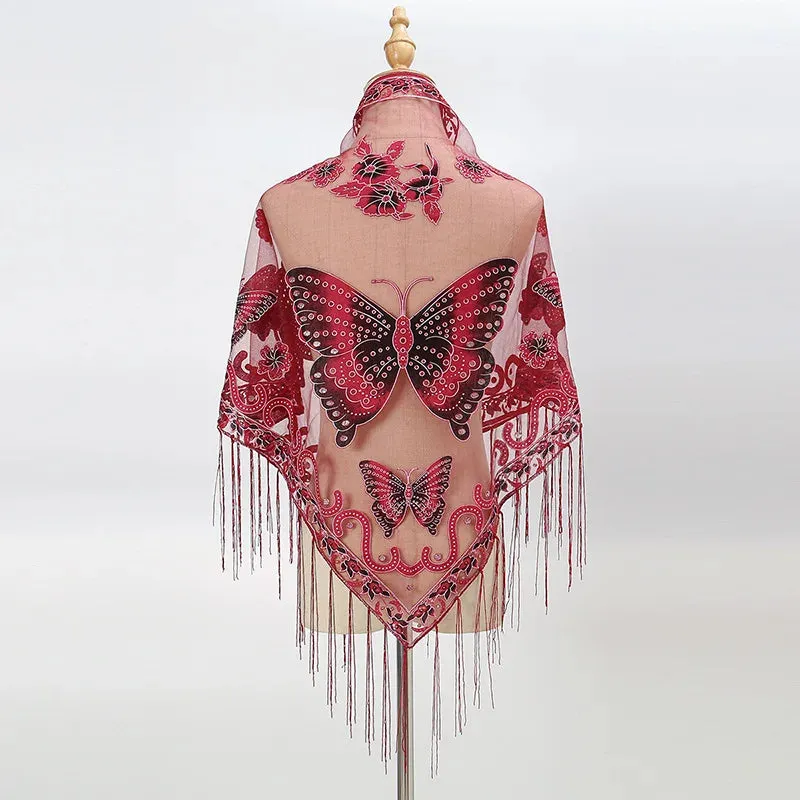 Sexy Hollow Tassel Triangular Lace Scarf Butterfly Printed Wedding Cloak Cape Women Summer Long Sun Beach Towel Sunscreen Shawl