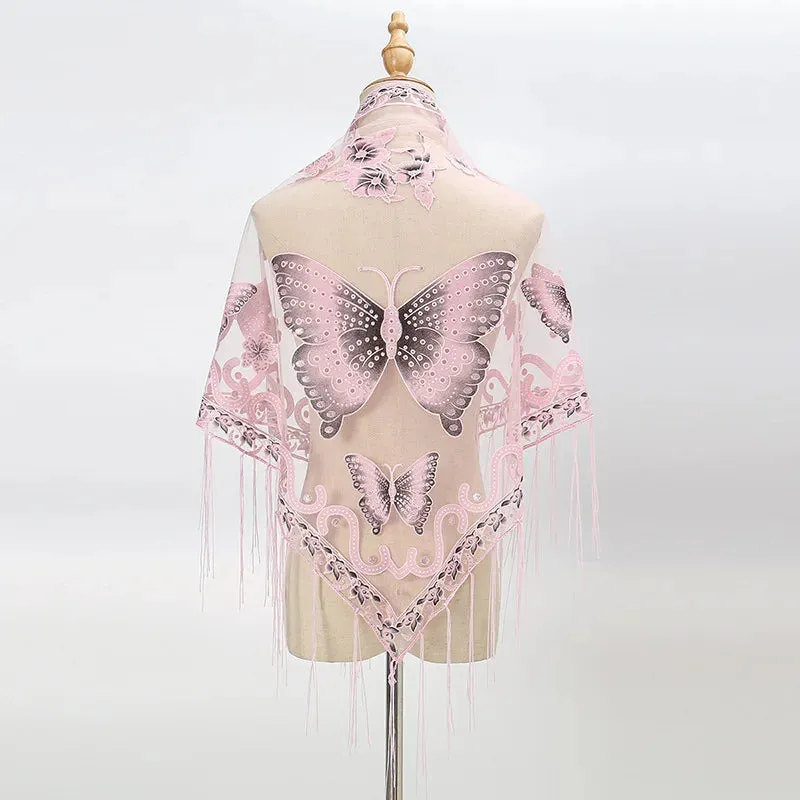 Sexy Hollow Tassel Triangular Lace Scarf Butterfly Printed Wedding Cloak Cape Women Summer Long Sun Beach Towel Sunscreen Shawl