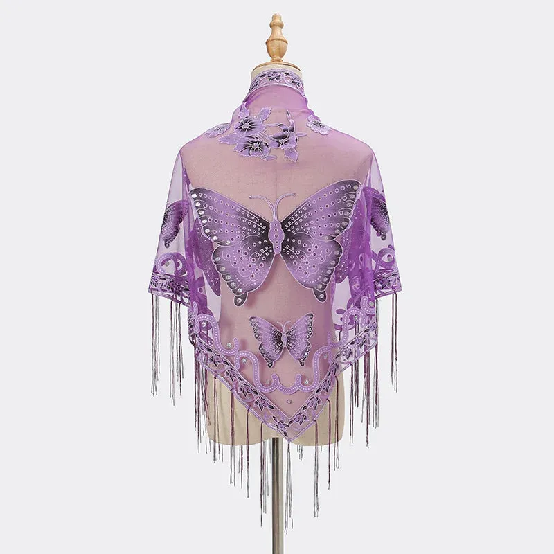 Sexy Hollow Tassel Triangular Lace Scarf Butterfly Printed Wedding Cloak Cape Women Summer Long Sun Beach Towel Sunscreen Shawl