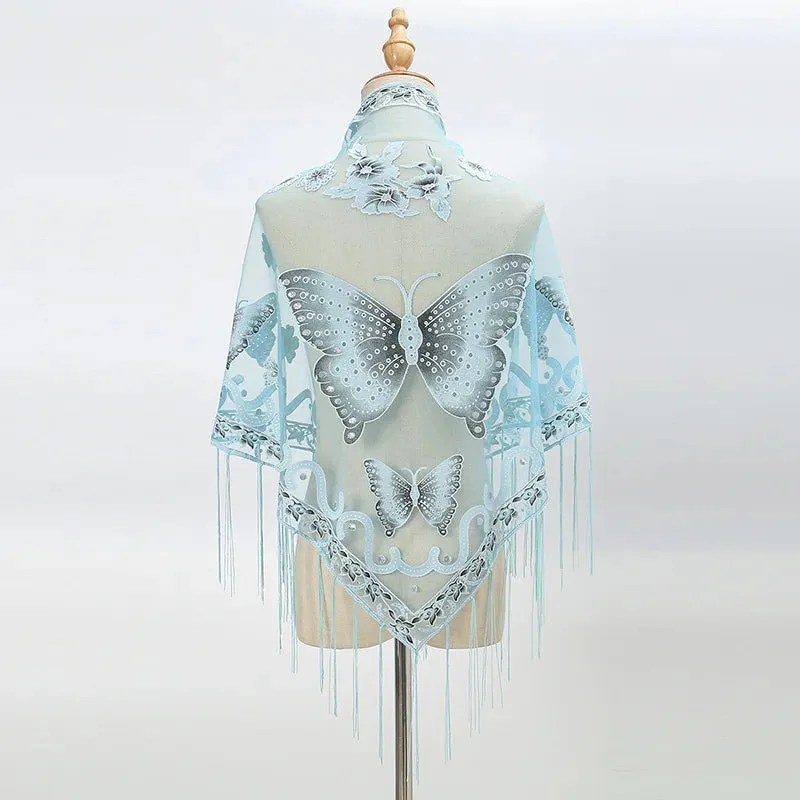 Sexy Hollow Tassel Triangular Lace Scarf Butterfly Printed Wedding Cloak Cape Women Summer Long Sun Beach Towel Sunscreen Shawl