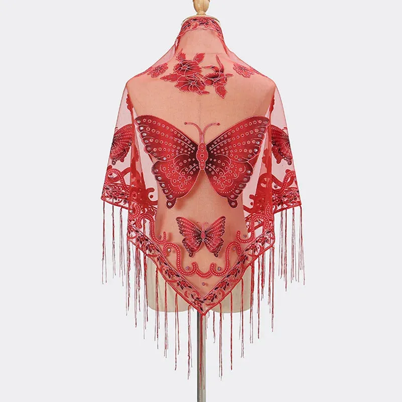 Sexy Hollow Tassel Triangular Lace Scarf Butterfly Printed Wedding Cloak Cape Women Summer Long Sun Beach Towel Sunscreen Shawl