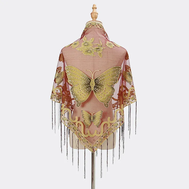 Sexy Hollow Tassel Triangular Lace Scarf Butterfly Printed Wedding Cloak Cape Women Summer Long Sun Beach Towel Sunscreen Shawl