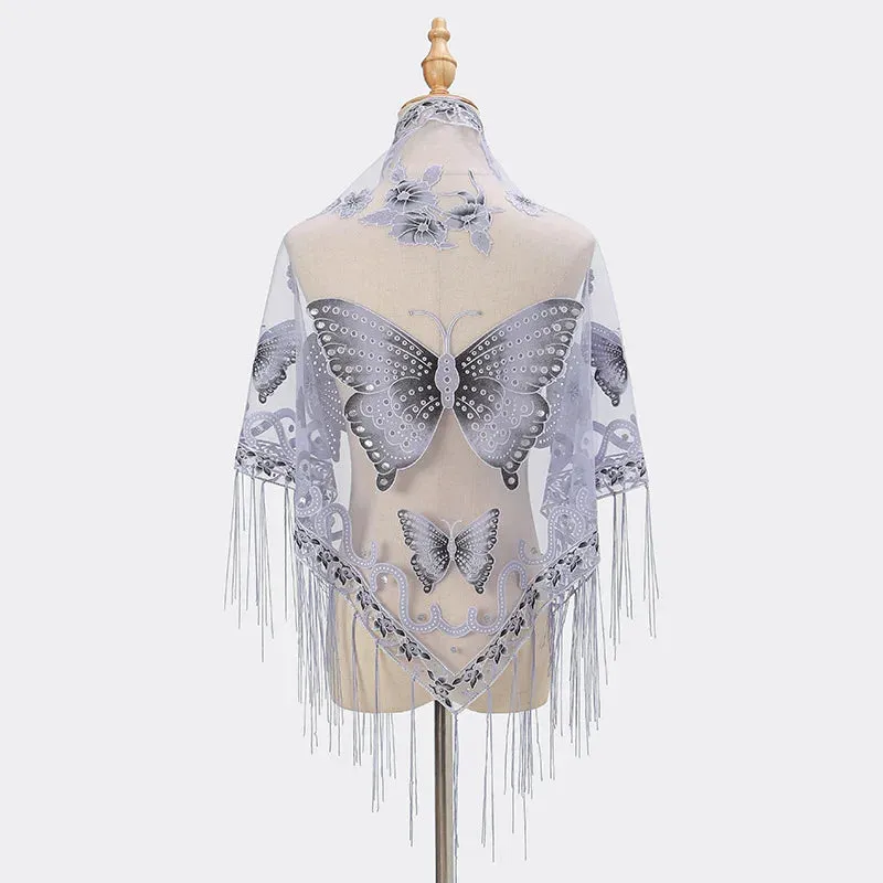 Sexy Hollow Tassel Triangular Lace Scarf Butterfly Printed Wedding Cloak Cape Women Summer Long Sun Beach Towel Sunscreen Shawl