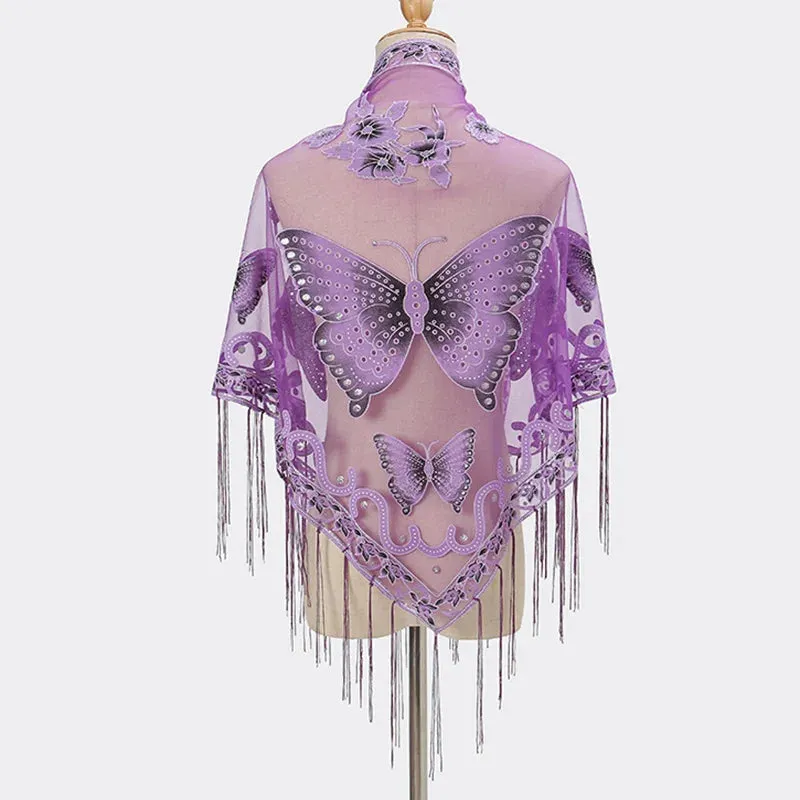 Sexy Hollow Tassel Triangular Lace Scarf Butterfly Printed Wedding Cloak Cape Women Summer Long Sun Beach Towel Sunscreen Shawl