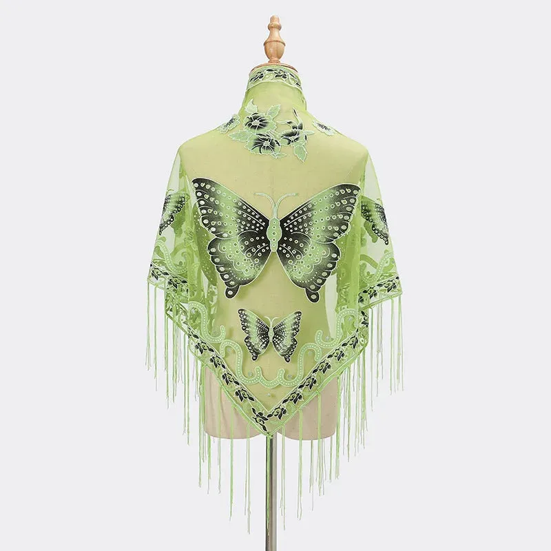 Sexy Hollow Tassel Triangular Lace Scarf Butterfly Printed Wedding Cloak Cape Women Summer Long Sun Beach Towel Sunscreen Shawl