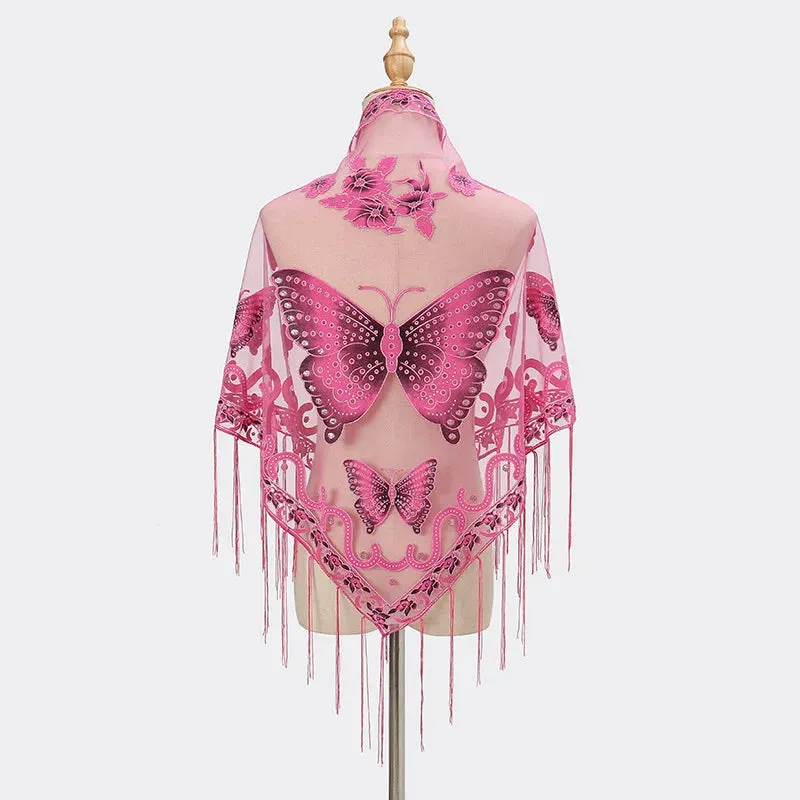 Sexy Hollow Tassel Triangular Lace Scarf Butterfly Printed Wedding Cloak Cape Women Summer Long Sun Beach Towel Sunscreen Shawl