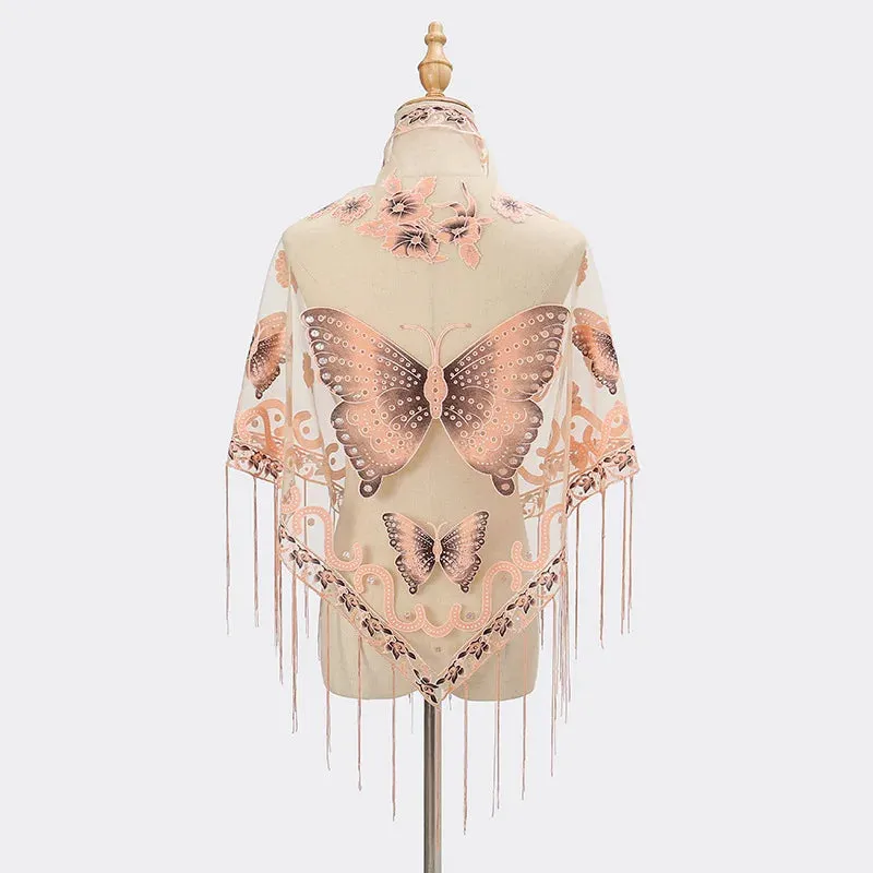 Sexy Hollow Tassel Triangular Lace Scarf Butterfly Printed Wedding Cloak Cape Women Summer Long Sun Beach Towel Sunscreen Shawl
