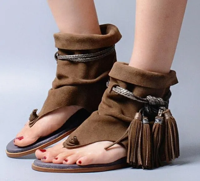 Slip On Tassel Fringe Suede Leather Boots Sandal