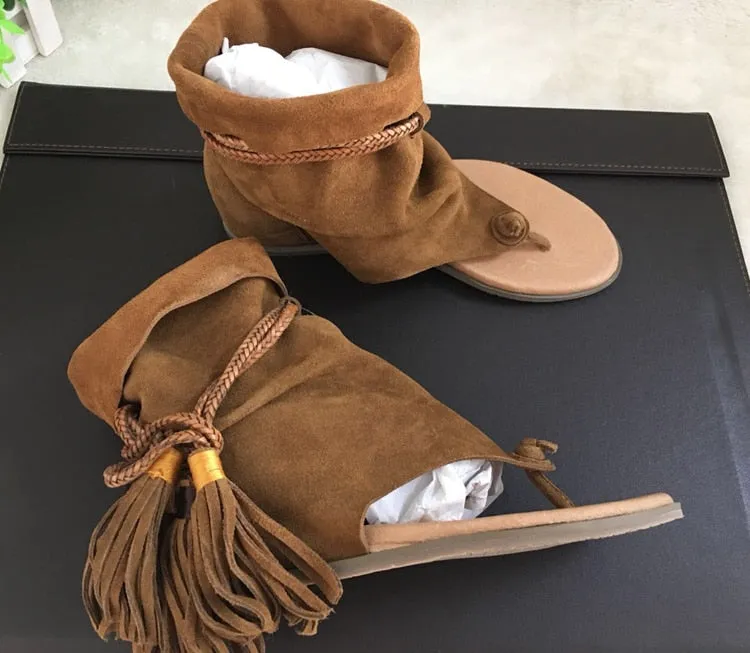 Slip On Tassel Fringe Suede Leather Boots Sandal