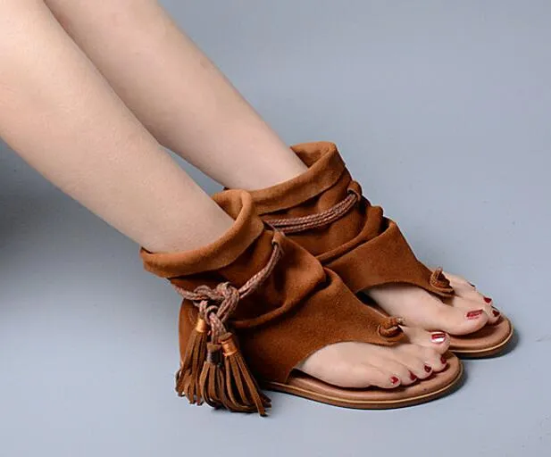 Slip On Tassel Fringe Suede Leather Boots Sandal