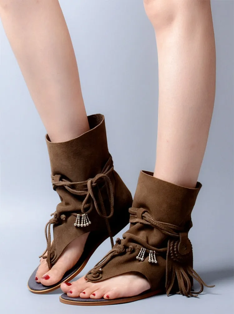 Slip On Tassel Fringe Suede Leather Boots Sandal