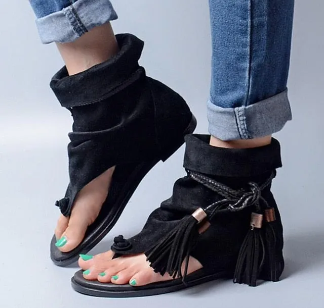 Slip On Tassel Fringe Suede Leather Boots Sandal