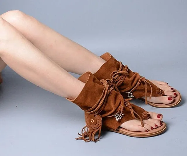 Slip On Tassel Fringe Suede Leather Boots Sandal