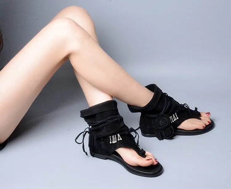 Slip On Tassel Fringe Suede Leather Boots Sandal
