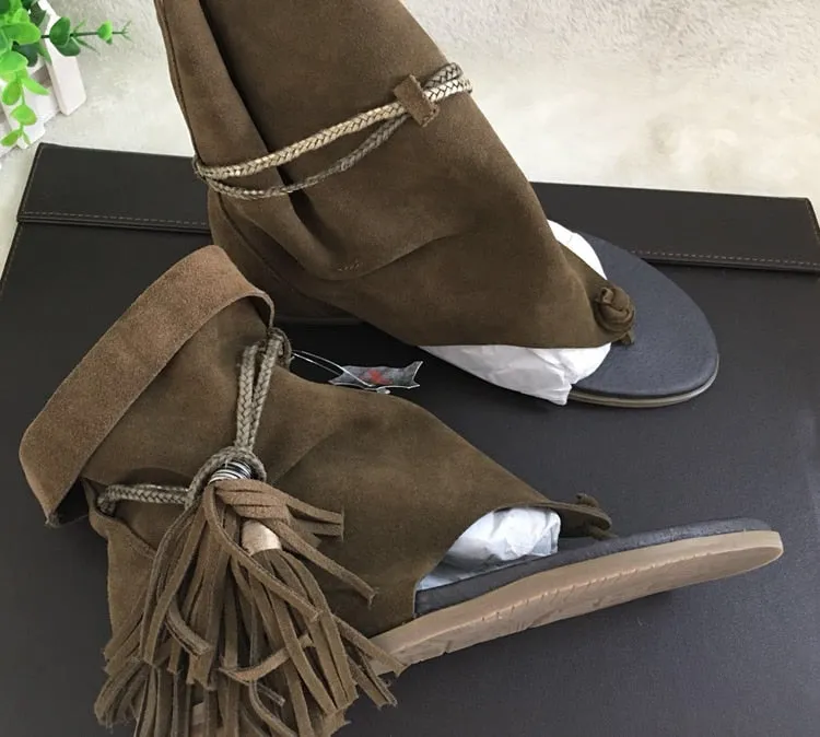 Slip On Tassel Fringe Suede Leather Boots Sandal