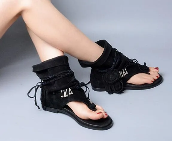 Slip On Tassel Fringe Suede Leather Boots Sandal