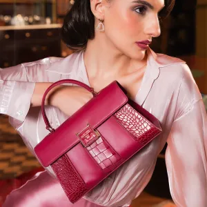 Small Croco Plain Leather Satchel - Plumberry