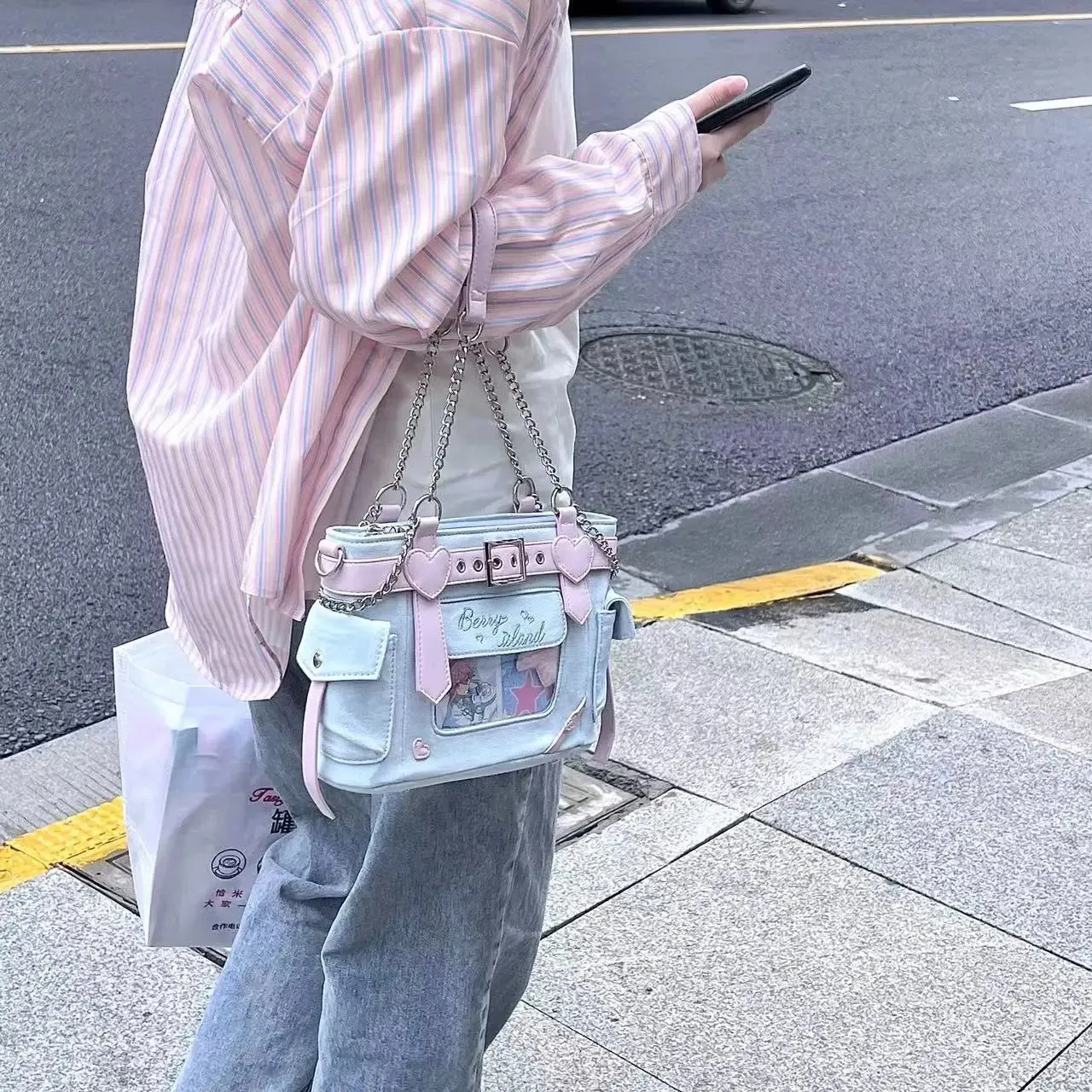 Sohiwoo Harajuku Denim Handbag Women Fairycore Grunge Transparent Jk Shoulder Messenger Bag Ladies Vintage Y2k Bag Aesthetic