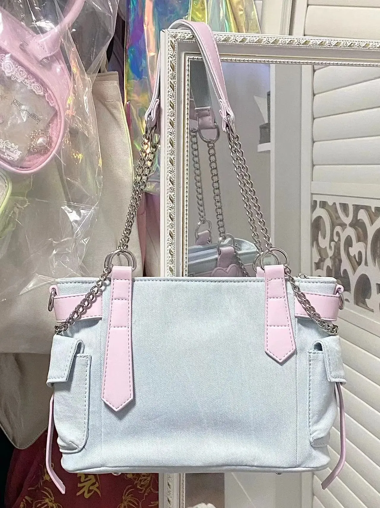 Sohiwoo Harajuku Denim Handbag Women Fairycore Grunge Transparent Jk Shoulder Messenger Bag Ladies Vintage Y2k Bag Aesthetic