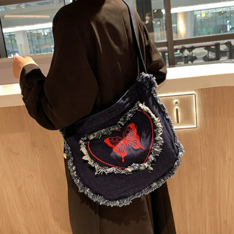 Sohiwoo Japanese Vintage Embroidery Tassel Denim Messenger Bags Women Y2K Large Capacity Shoulder Bags Casual All Match Canvas Handbag