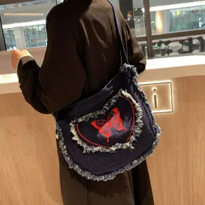 Sohiwoo Japanese Vintage Embroidery Tassel Denim Messenger Bags Women Y2K Large Capacity Shoulder Bags Casual All Match Canvas Handbag