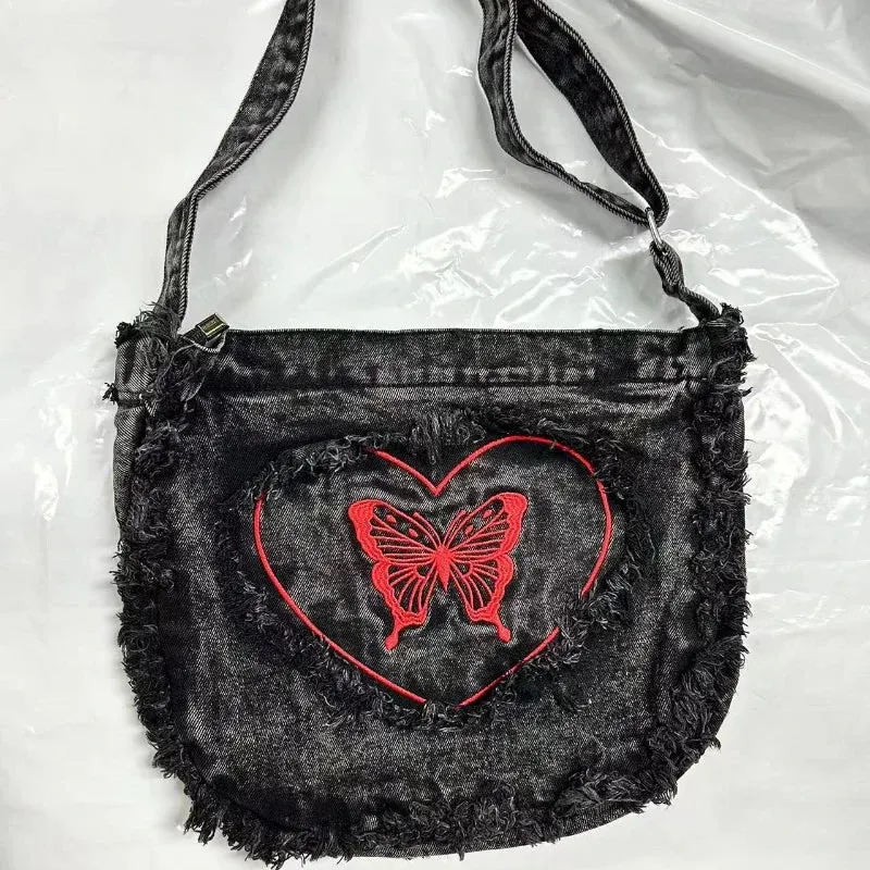 Sohiwoo Japanese Vintage Embroidery Tassel Denim Messenger Bags Women Y2K Large Capacity Shoulder Bags Casual All Match Canvas Handbag