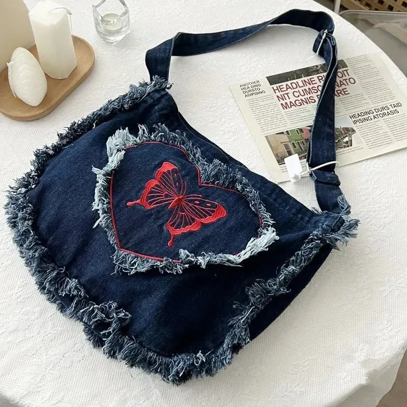 Sohiwoo Japanese Vintage Embroidery Tassel Denim Messenger Bags Women Y2K Large Capacity Shoulder Bags Casual All Match Canvas Handbag