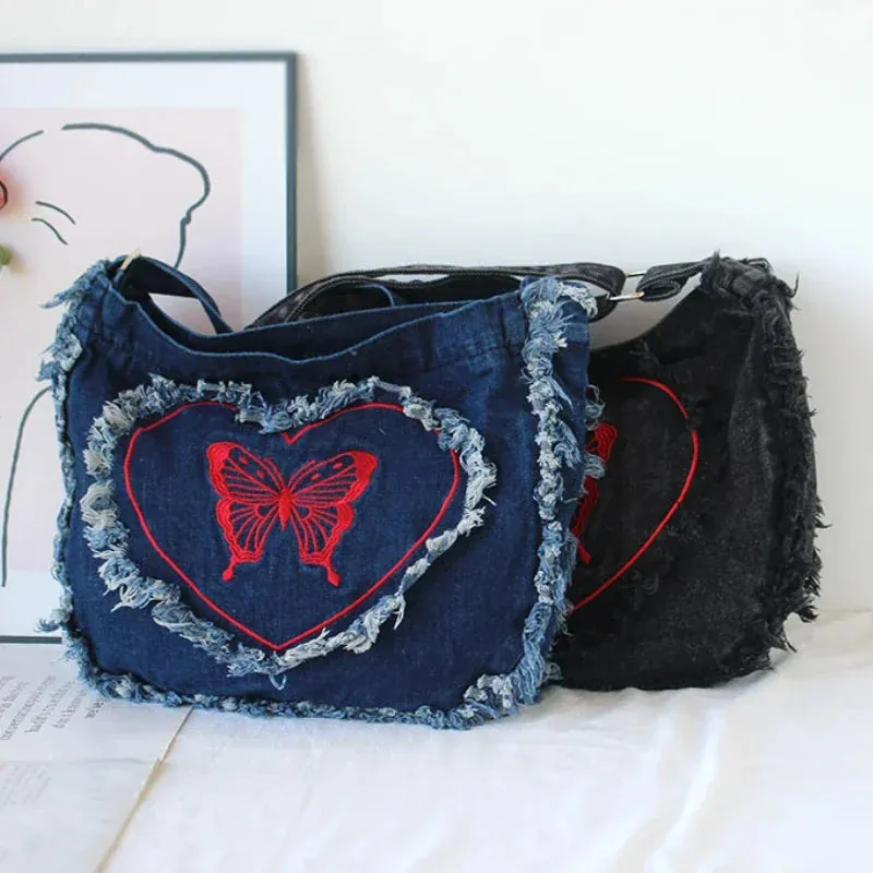 Sohiwoo Japanese Vintage Embroidery Tassel Denim Messenger Bags Women Y2K Large Capacity Shoulder Bags Casual All Match Canvas Handbag