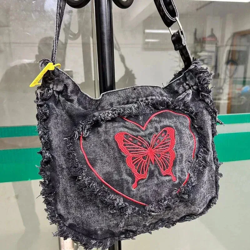 Sohiwoo Japanese Vintage Embroidery Tassel Denim Messenger Bags Women Y2K Large Capacity Shoulder Bags Casual All Match Canvas Handbag