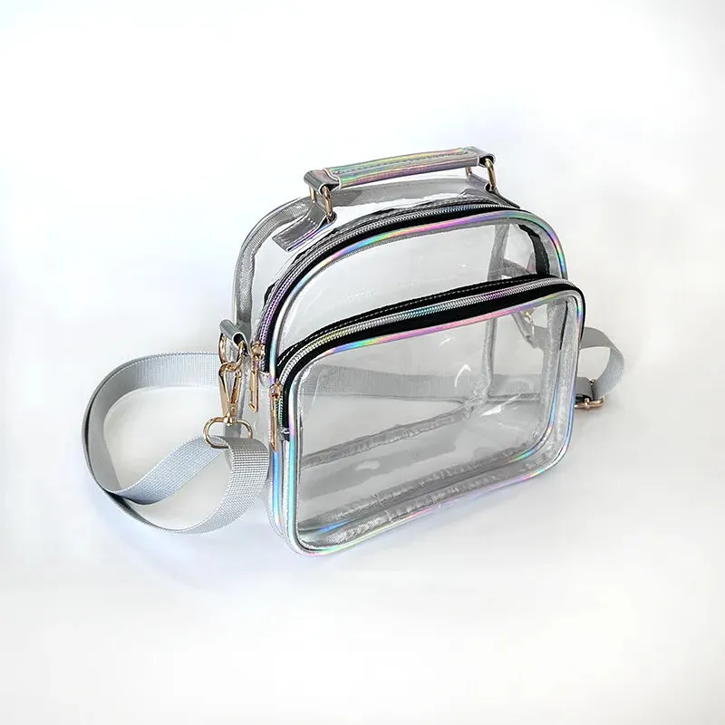 Sohiwoo Women Fashion Holographic Leather PVC Crossbody Bag Stadium Approved Girls Clear Phone Purse Lady Transparent Messenger Bag