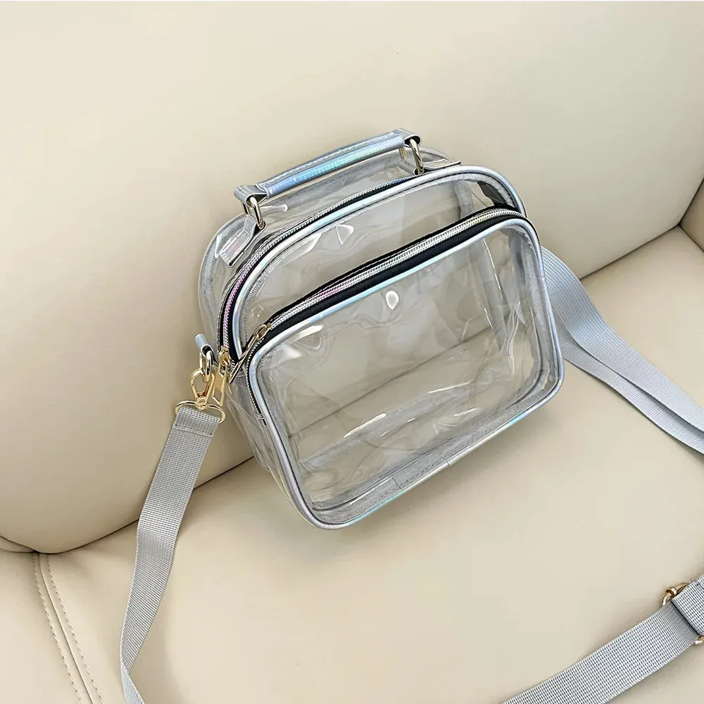 Sohiwoo Women Fashion Holographic Leather PVC Crossbody Bag Stadium Approved Girls Clear Phone Purse Lady Transparent Messenger Bag