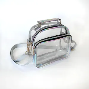 Sohiwoo Women Fashion Holographic Leather PVC Crossbody Bag Stadium Approved Girls Clear Phone Purse Lady Transparent Messenger Bag