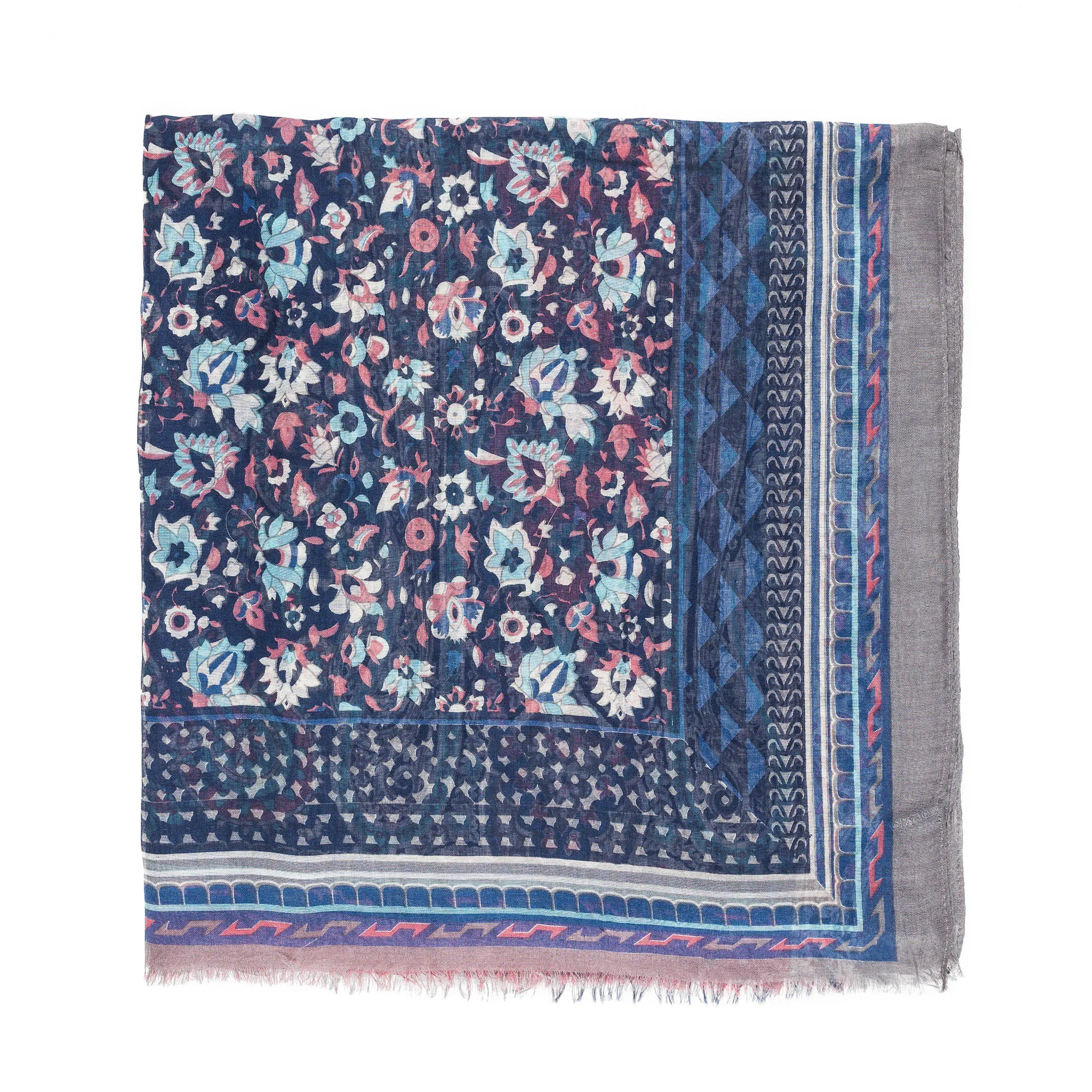 Spanish Design Printed Viscose Scarf (Blue Geometric Paisley)
