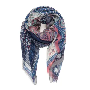 Spanish Design Printed Viscose Scarf (Blue Geometric Paisley)