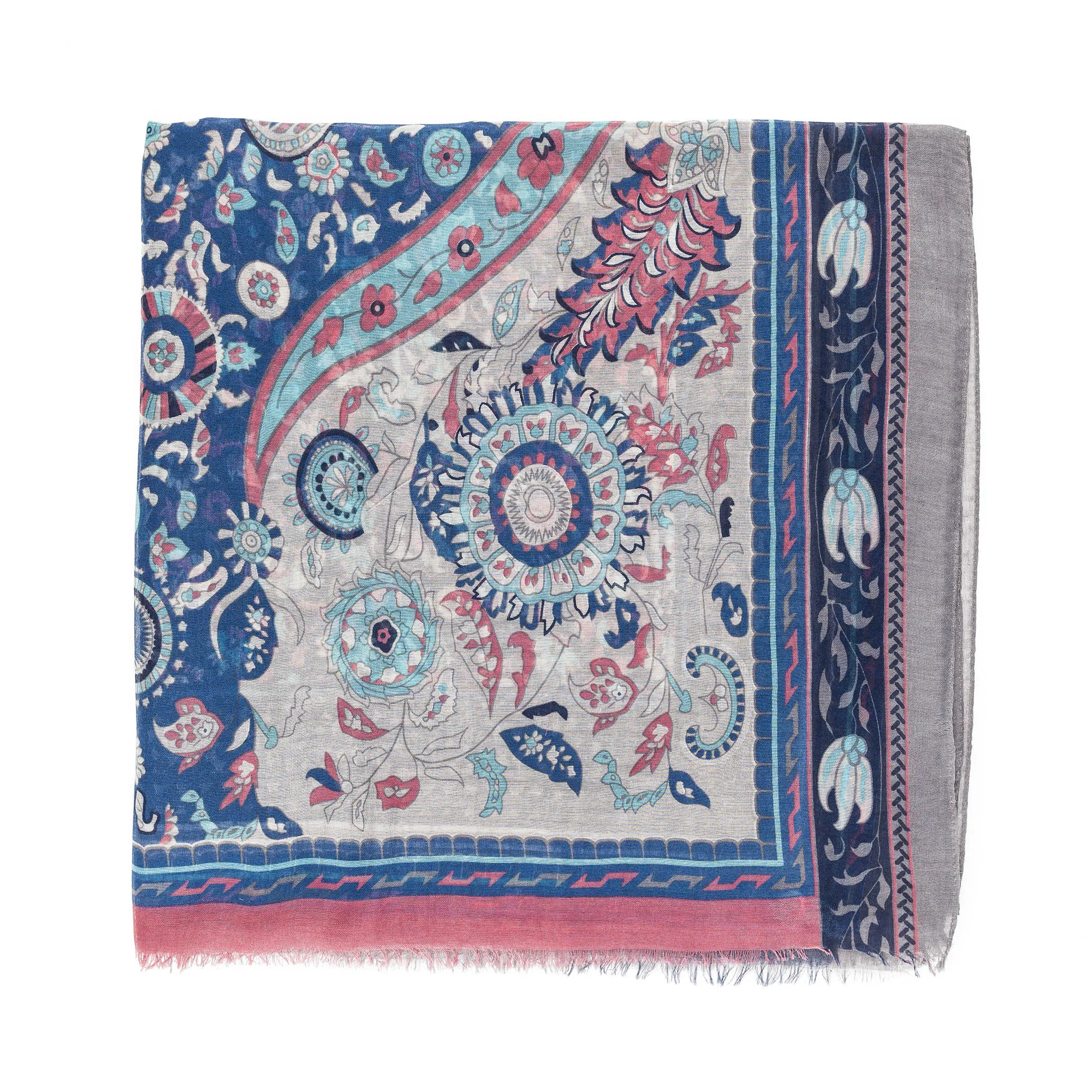 Spanish Design Printed Viscose Scarf (Blue Geometric Paisley)