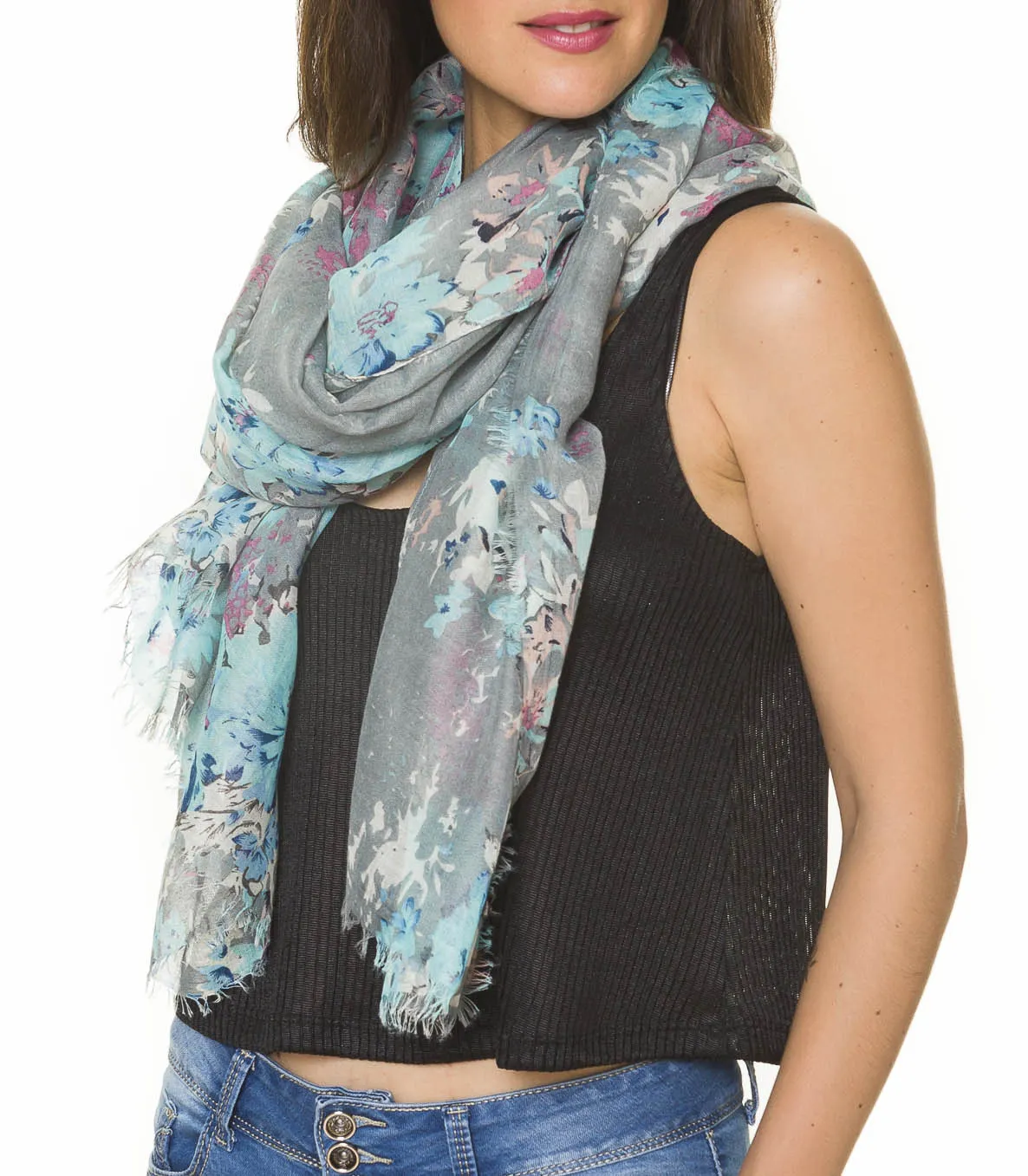 Spanish Design Printed Viscose Scarf (Gray Floral)