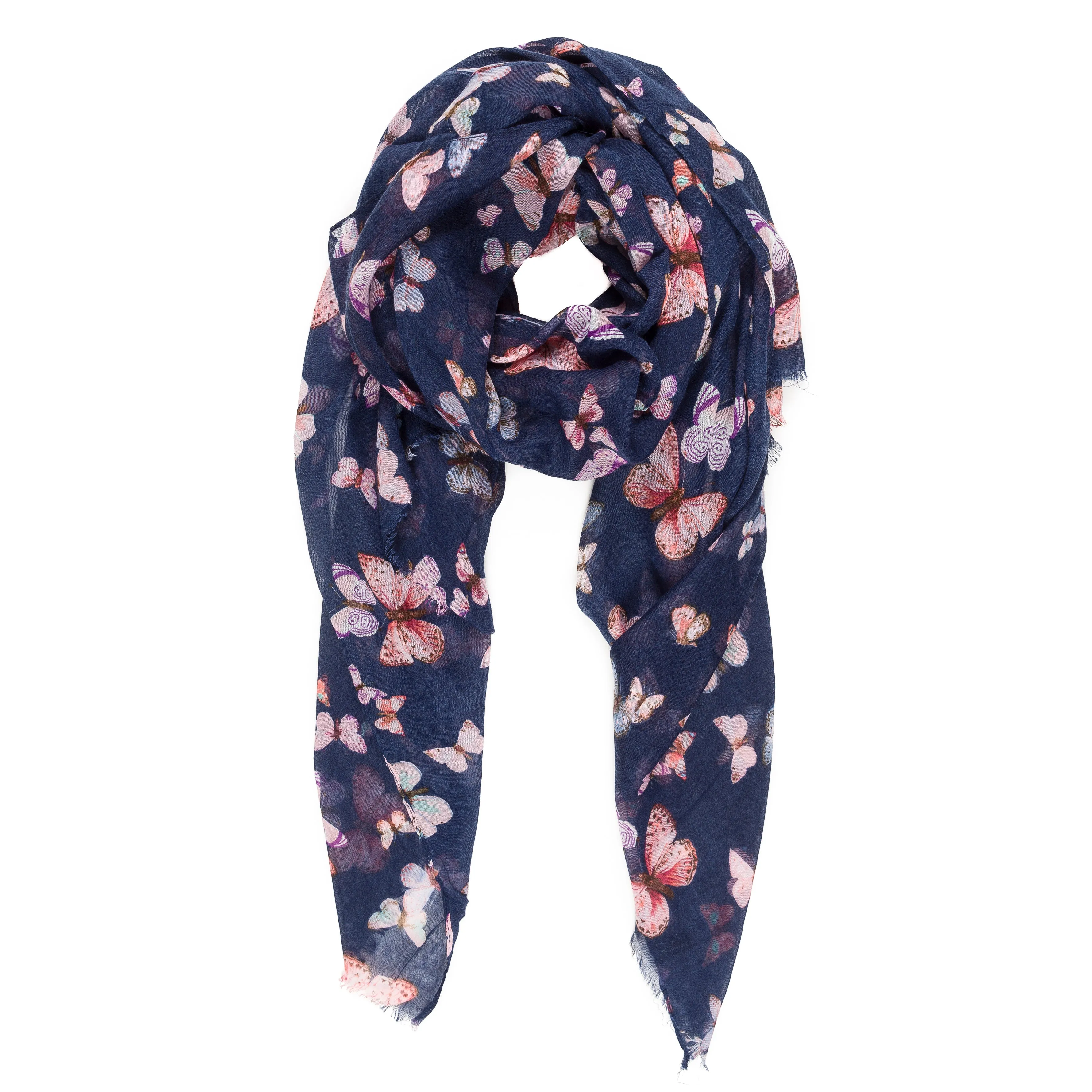 Spanish Design Printed Viscose Scarf (Navy Butterfly)
