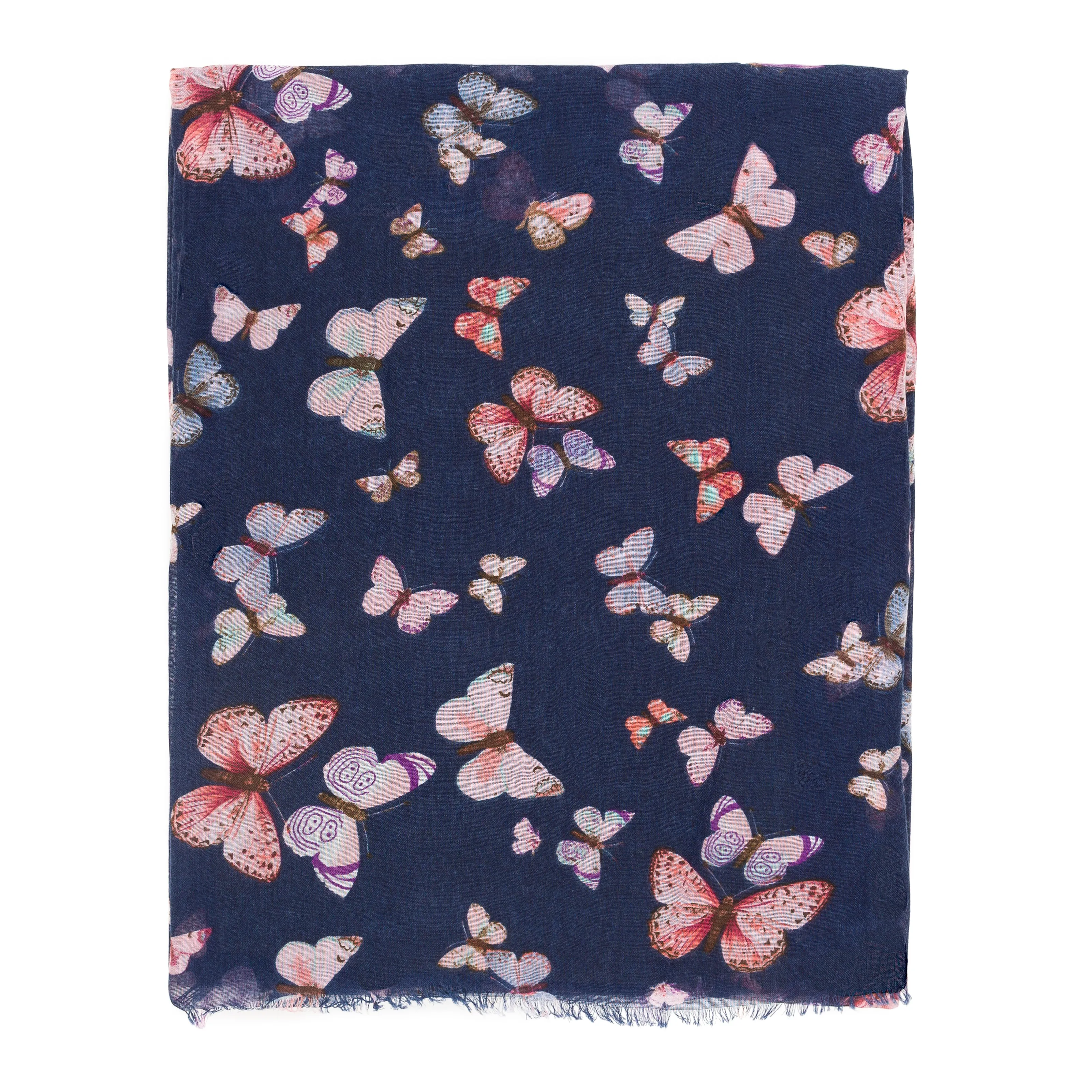 Spanish Design Printed Viscose Scarf (Navy Butterfly)