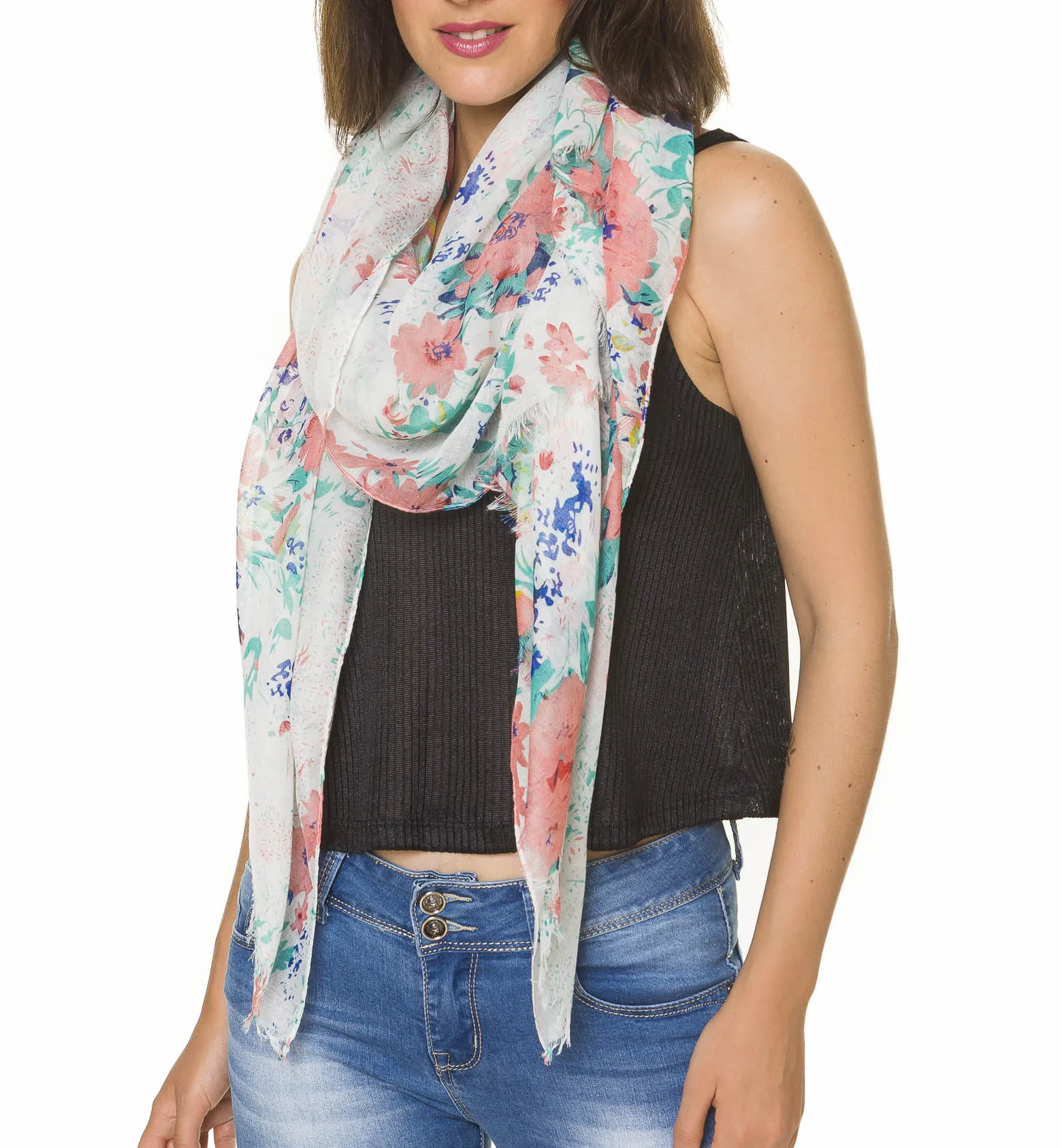 Spanish Design Printed Viscose Scarf (White Floral)