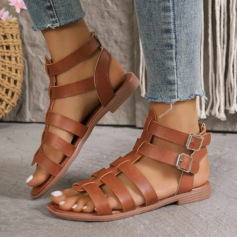 Strappy Gladiator Sandals with Buckle Closure and Flat Sole