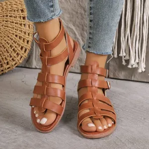 Strappy Gladiator Sandals with Buckle Closure and Flat Sole