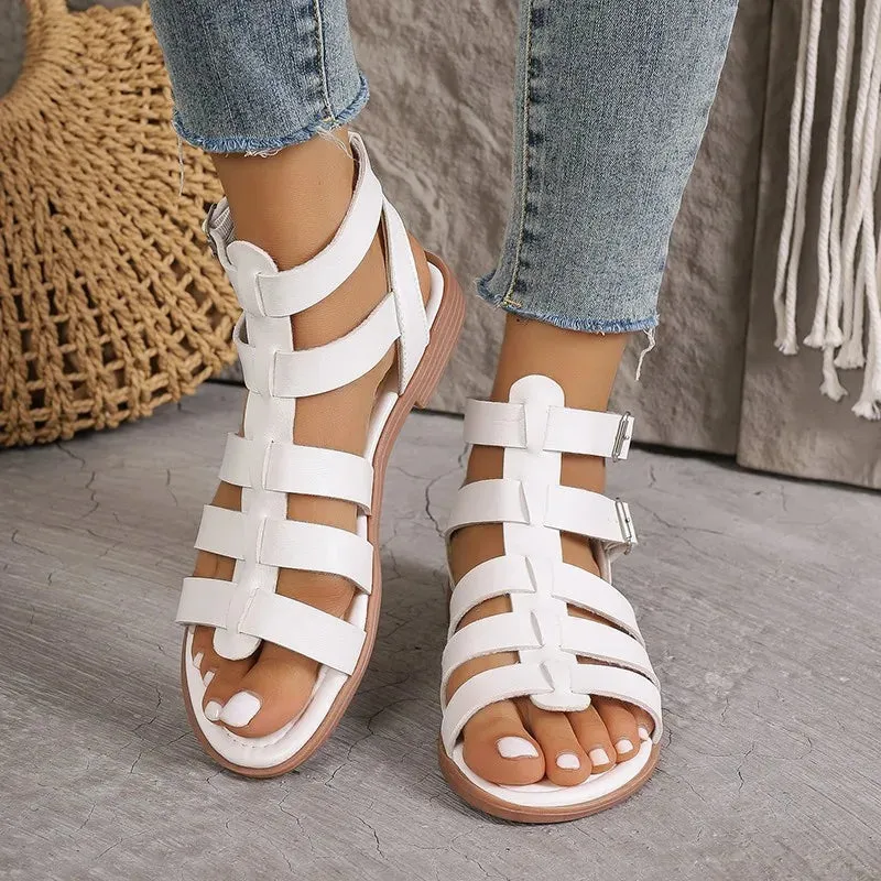 Strappy Gladiator Sandals with Buckle Closure and Flat Sole