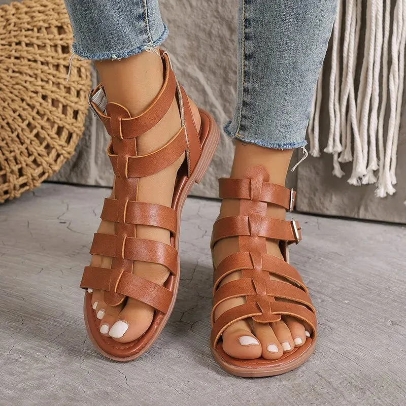 Strappy Gladiator Sandals with Buckle Closure and Flat Sole