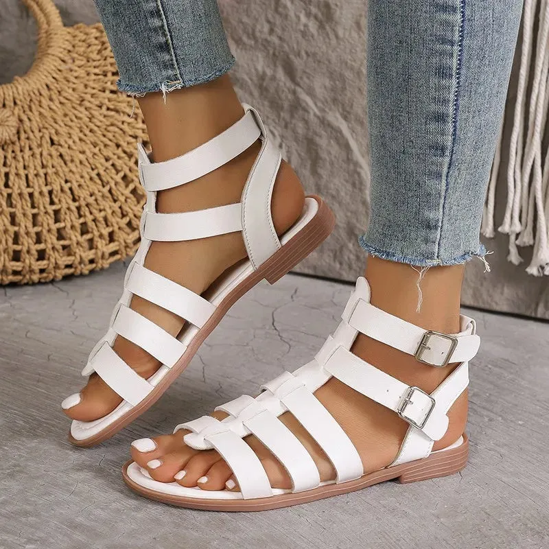 Strappy Gladiator Sandals with Buckle Closure and Flat Sole