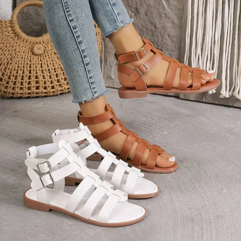 Strappy Gladiator Sandals with Buckle Closure and Flat Sole