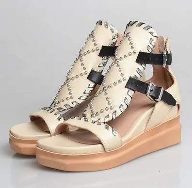 summer sandals women real leather wedge shoesfemme rivet mixed color platform flat sandal women causal shoes