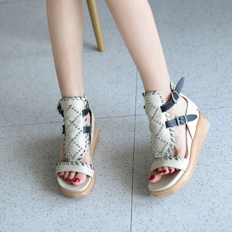 summer sandals women real leather wedge shoesfemme rivet mixed color platform flat sandal women causal shoes
