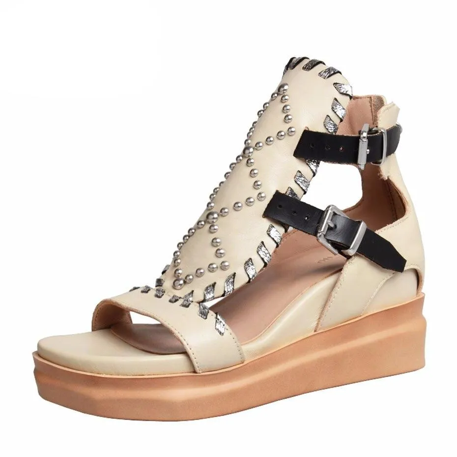 summer sandals women real leather wedge shoesfemme rivet mixed color platform flat sandal women causal shoes