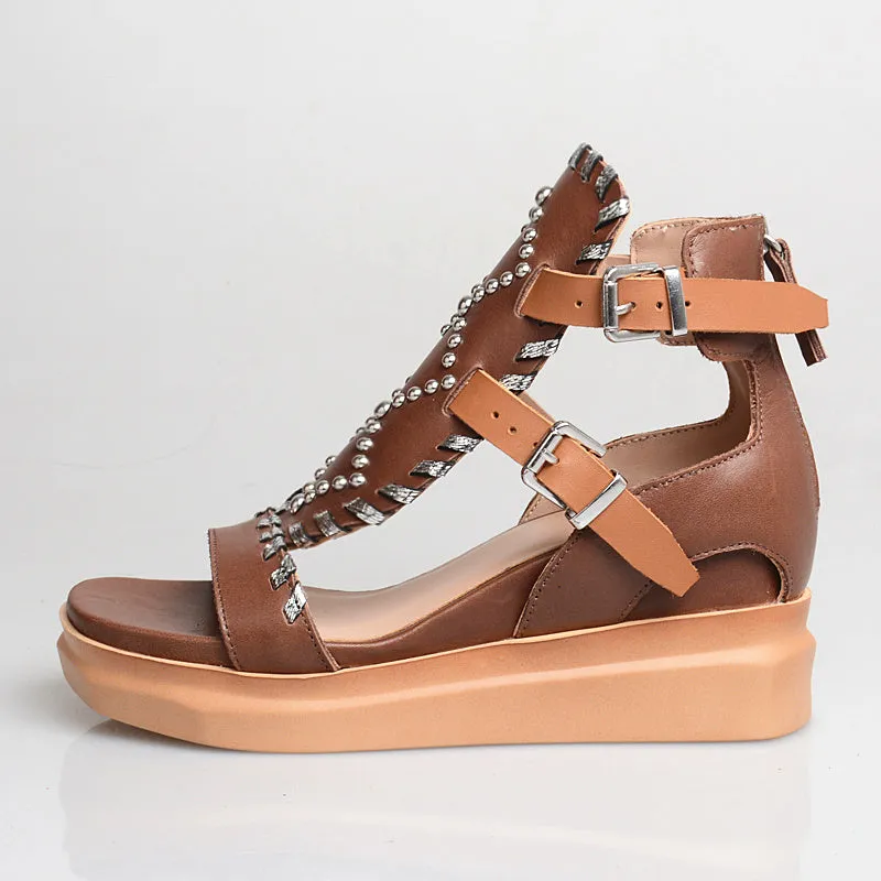 summer sandals women real leather wedge shoesfemme rivet mixed color platform flat sandal women causal shoes